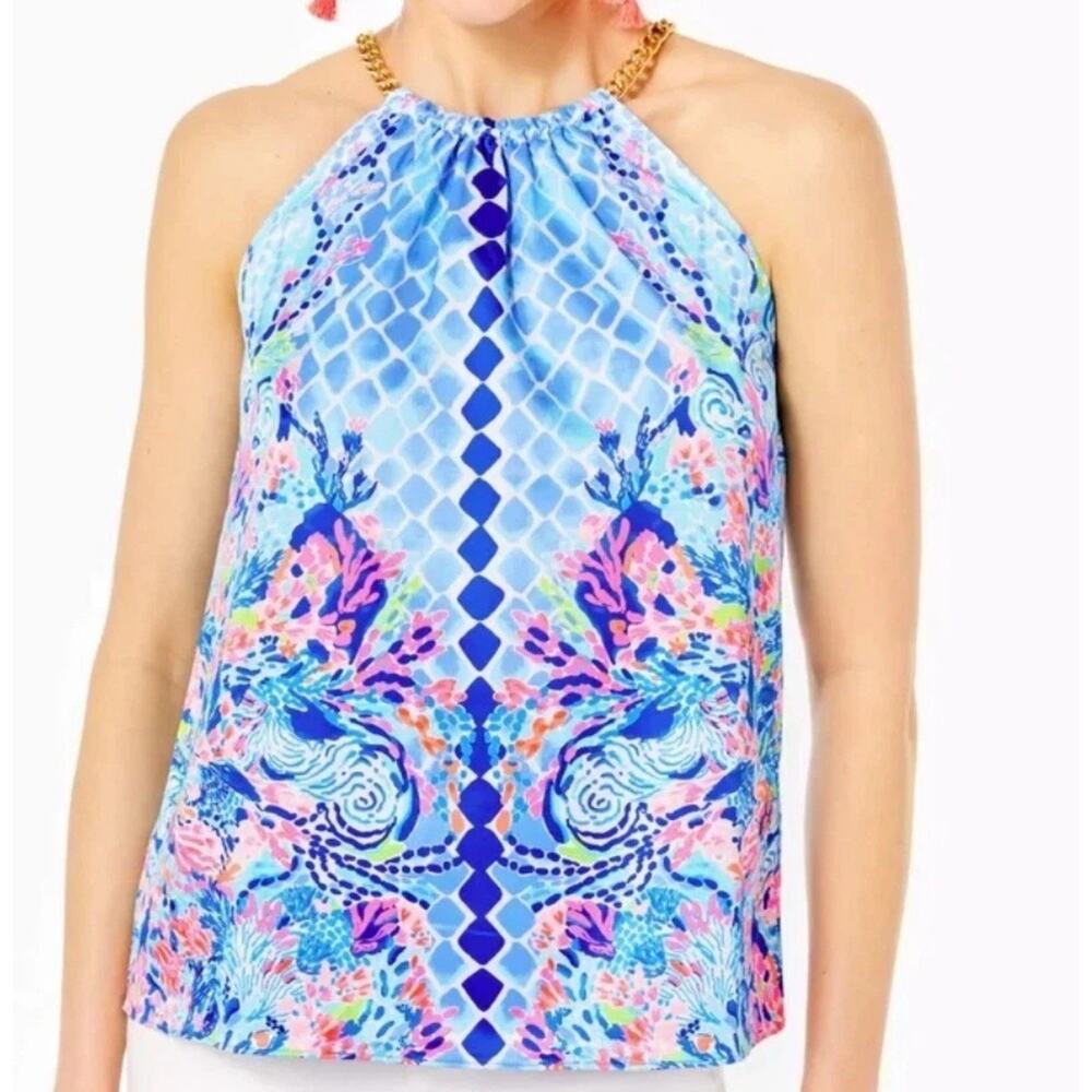 Lilly Pulitzer Isa Gold Chain Halter Top Multi Hidden Treasures Size L